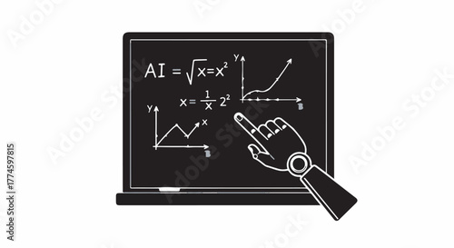 Robotic hand pointing at complex mathematical equations and graphs on a blackboard, symbolizing AI learning.