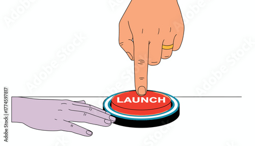 Hand Pressing the Illuminated Red LAUNCH Button, Symbolizing Startup Activation, Final Decision, and Collaborative New Beginnings