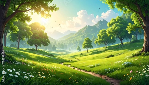 Fototapeta Naklejka Na Ścianę i Meble -  Lush, vibrant landscape bathed in sunlight. Rolling green hills, trees, and a winding path lead to distant mountains under a blue sky