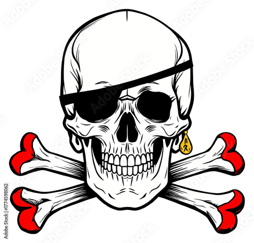 Pirate skull and crossbones vector illustration with an eye patch and gold earring isolated on white background