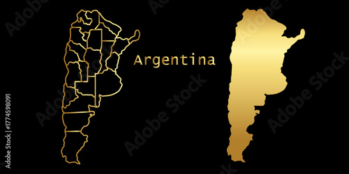 Golden line map of argentina, Vector argentina map and country letteringf with golden name on black background,Argentina Map , Argentina borders,Vector editable