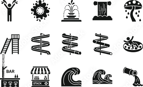 Water park icons collection, black silhouette style, slides, fountains, waves, and pool attractions, perfect for summer design, recreation logo, amusement park, aquatic fun, resort illustration