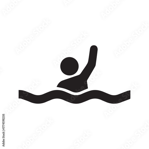 Drowning person icon, stick figure sinking in water, danger of drowning warning sign, emergency help pictogram.

