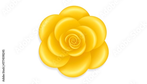 Isolated, vibrant yellow flower blossom with layered petals, realistically rendered on a white background, with subtle shadows for depth