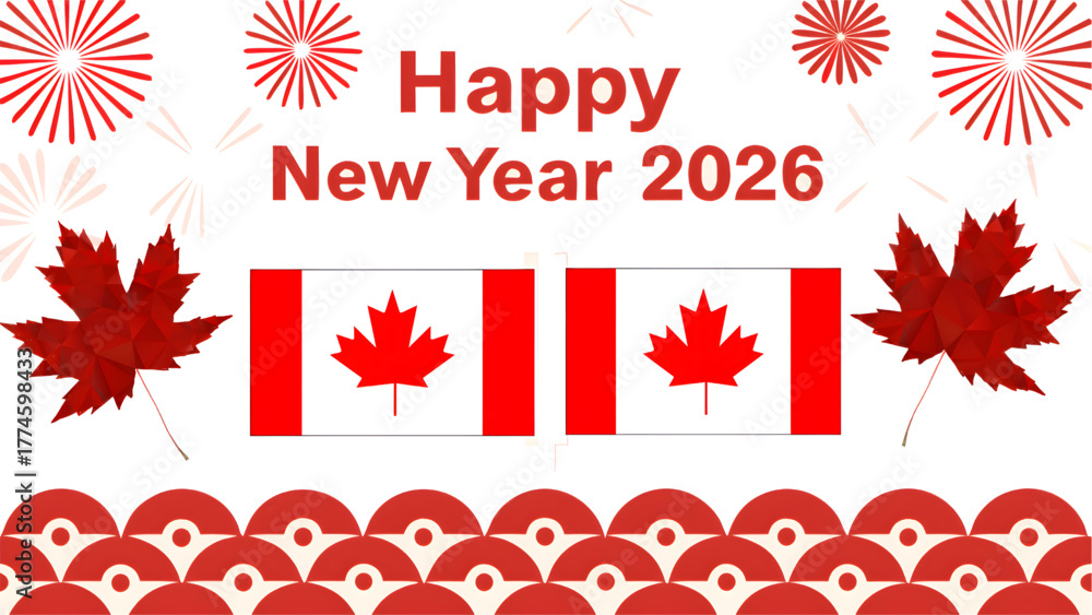 Fototapeta premium A festive canada new year image featuring flags, maple leaves, and celebratory red decorations all around