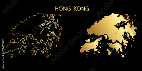 Golden line map of hong kong ,Vector hong kong map and country letteringf with golden name on black background,Hong kong map ,Hong kong borders,Vector editable	