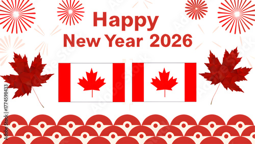 A festive canada new year image featuring flags, maple leaves, and celebratory red decorations all around