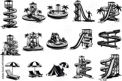 Water park icon collection, summer vacation symbols, water slides and pools, tropical resort illustration set, beach umbrellas, camping tent, outdoor fun, recreation, holiday design elements