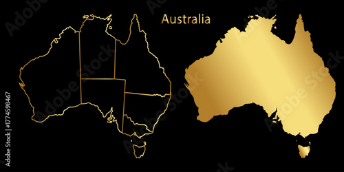 Australia country vector map in black background.Australia political map.Low detailed. Solid simple style.Golden line map of australia. Vector editable.	