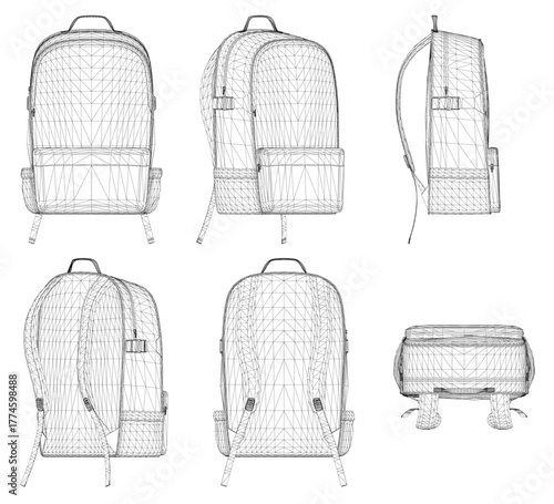 Six backpacks in a set feature unique designs, various shapes and sizes, and a mix of vibrant and muted colors. The wireframe style highlights modern details like straps, buckles, and multiple.
