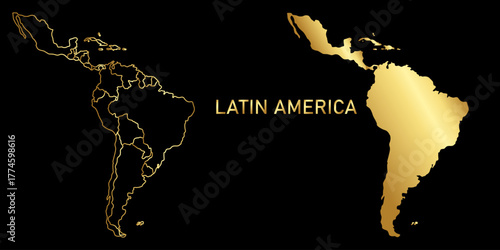 Golden vector map of latin america and country lettering with golden name on black background,Golden line map of latin america,Latin america map ,Latin america,Vector editable.	