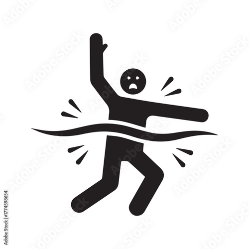 Drowning person icon, stick figure sinking in water, danger of drowning warning sign, emergency help pictogram.
