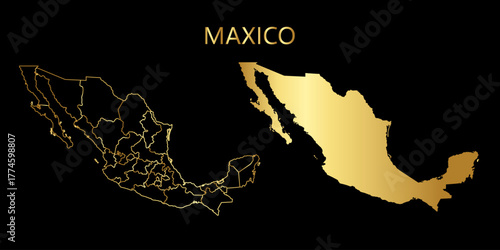 Mexico country golden line vector map in black background.Mexico political map. Low detailed. Solid simple style.Vector mexico continent letteringf with golden name. Vector editable.	