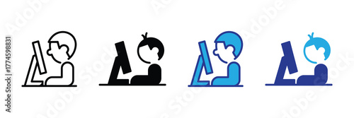 Person sitting and using a computer, presented in four different icon styles outline, solid black, blue, and dark blue