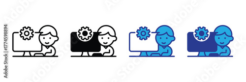 Person working on computer with gear icon, representing technology and settings, isolated on white background