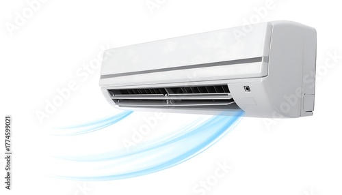Isolated, white air conditioning unit with blue airflow streaks emerging from the vents, against a clean, bright background. It appears modern and pristine