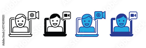 Set of four icons representing video call and online communication, isolated on white background