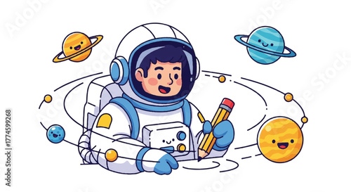 Cartoon astronaut in a spacesuit holding a pencil and notebook surrounded by planets and emojis in a playful illustration with a white background.