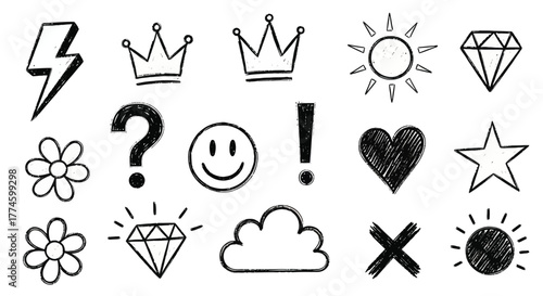 Hand Drawn Doodle Collection of Assorted Embellishments and Decorative Elements