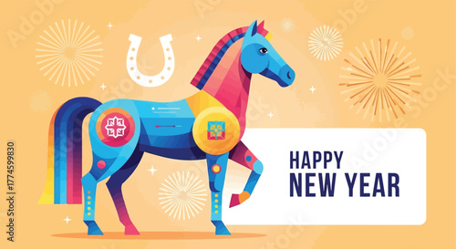 Festive New Year Horse Illustration with Fireworks and Horseshoe
