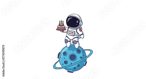 A cartoon astronaut in a white spacesuit sitting on a blue planet with rings, holding a birthday cake in a playful scene.