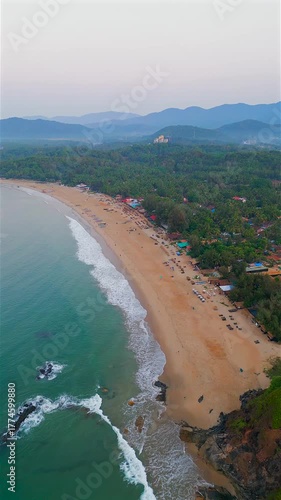 Aerial View of Agonda Beach at Sunset, South Goa, India – Scenic 4K Drone Footage of Tropical Coastline and Golden Hour Waves, Beach Sunset, Beach 