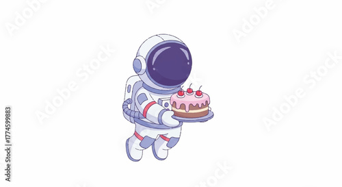 A cartoon astronaut in a white and red spacesuit holds a chocolate cake with lit candles on a plate against a plain white background with a playful and celebratory mood.