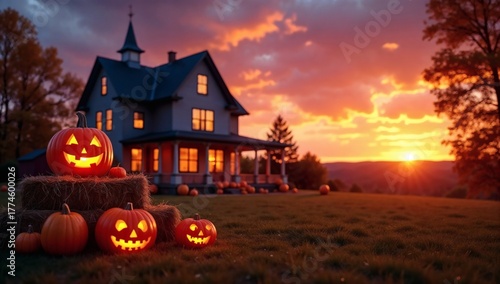 Wallpaper Mural Glowing jack-o'-lanterns sit before a stately house at sunset, evoking autumn mood and halloween Torontodigital.ca