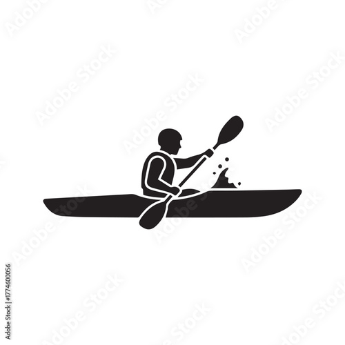 Kayaking icon, person paddling in a kayak with double-bladed oar, water sport symbol, canoe pictogram vector.
