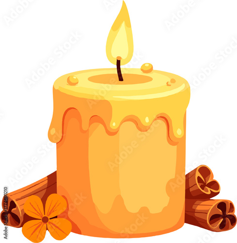 Warm candle with cinnamon sticks and star anise, symbolizing comfort, home coziness, and the aromatic warmth of winter evenings