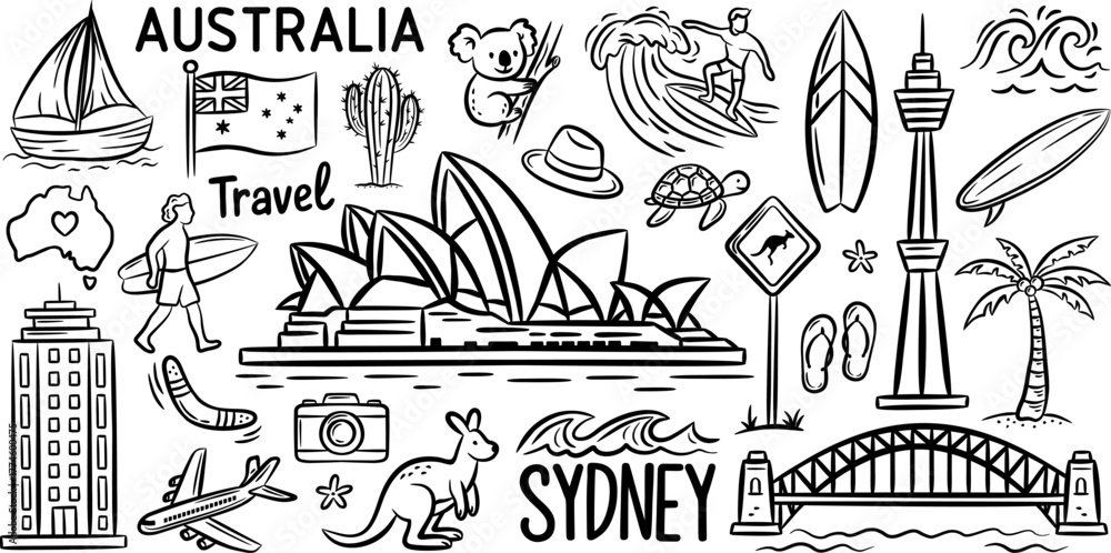 Naklejka premium Sydney doodles elements. Australia hand drawn set: bridge, palm, opera house, tower, kangaroo, koala, surfing, flag, road sign, airplane, wave, cactus . Isolated black sketch collection.