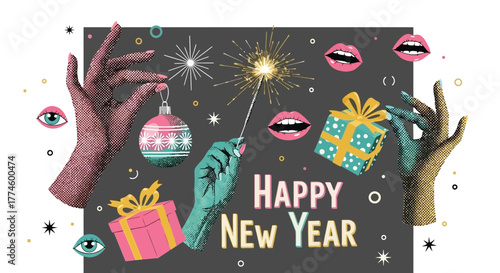 Festive New Year Celebration with Hands, Gifts, and Sparkles Illustration