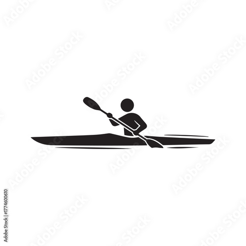 Kayaking icon, person paddling in a kayak with double-bladed oar, water sport symbol, canoe pictogram vector.
