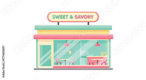 Flat design illustration of a colorful sweet and savory storefront with a sign, tables, and chairs through the window on a white background.