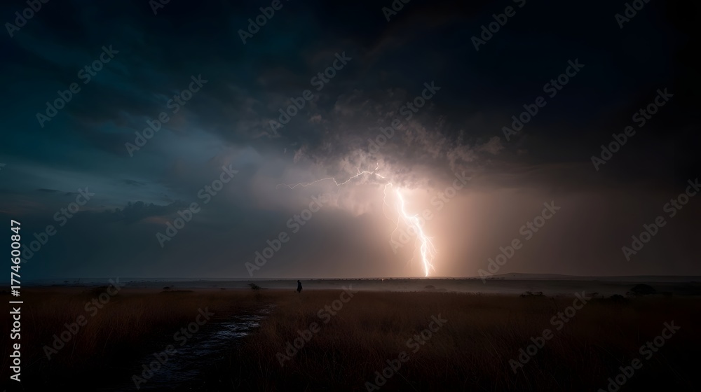 Fototapeta premium A powerful lightning bolt strikes a stormy sky over a vast dry grassland illuminating a lone figure walking on a wet path