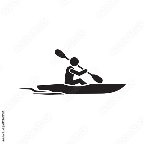 Kayaking icon, person paddling in a kayak with double-bladed oar, water sport symbol, canoe pictogram vector.

