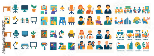 Office icons and diverse people in various settings