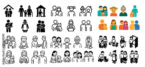 Diverse family icon set illustrating various relationships