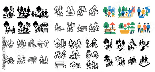 Diverse park activity pictograms and illustrations