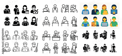 Diverse workplace icons: teamwork and occupations