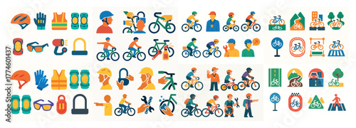 Colorful bicycle and cyclist icon set