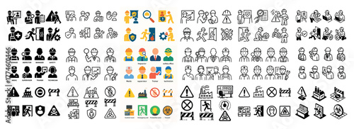 Construction icons set with workers and safety signs