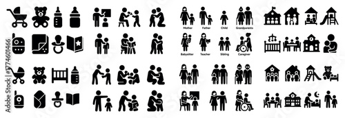 Family icons set featuring diverse roles and activities