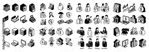 Banking and finance icon set with diverse figures