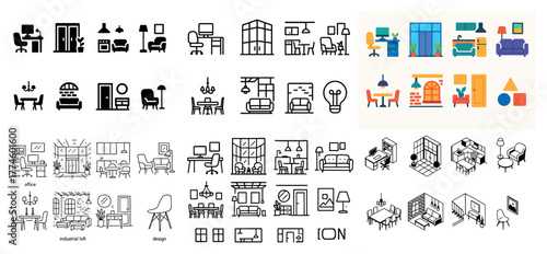 Diverse furniture and interior design icons