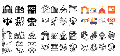 Amusement park icons collection in black and color