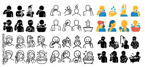Icons of personal hygiene practices in various styles