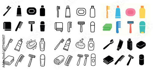 Bathroom essentials icon set in various styles