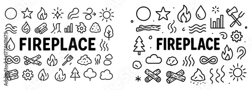 Fireplace icons: flames, wood, heat, and smoke symbols