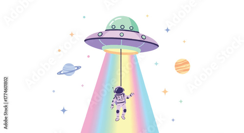 Cartoon astronaut being abducted by a colorful UFO with a rainbow beam against a starry sky with planets.